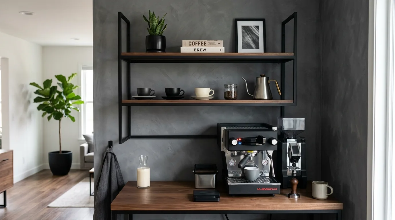 Bring in wood tones for a warmer cafe inspired feel inspiration for a home coffee bar.